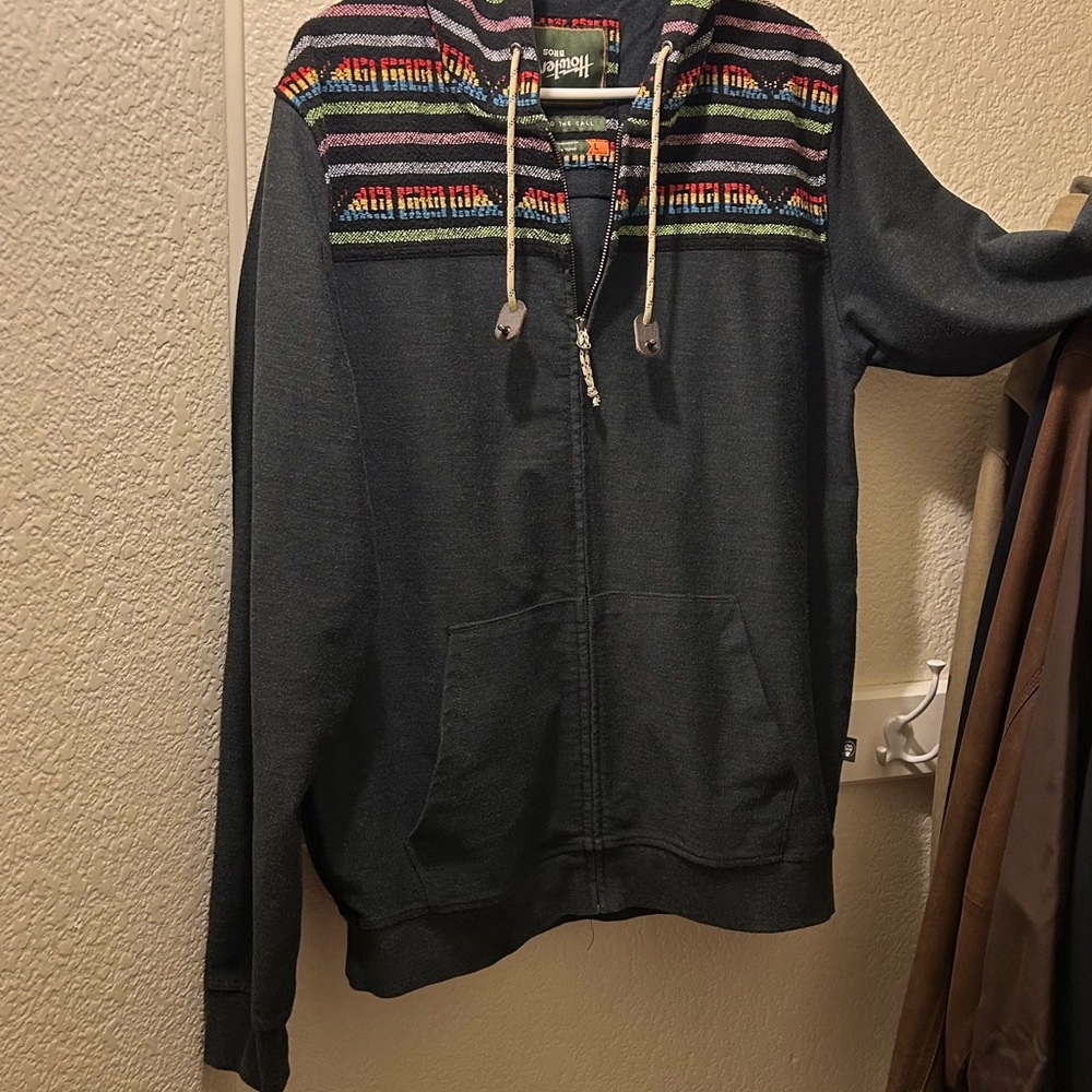 Howler Brothers Gray and Red Zip Up Sweater with Geometric Design